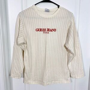90s Guess Jeans USA MADE Red Pinstripe Long Sleeve Tee Vintage Boy’s Large